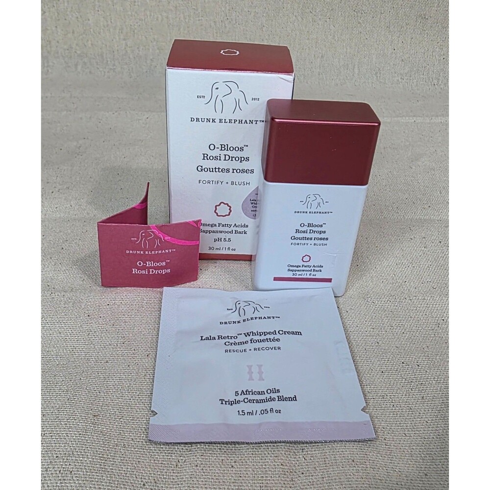 DRUNK ELEPHANT O-BLOOS ROSI DROPS 1 OZ W/LALA RETRO WHIPPED CREAM SAMPLE *NIB*